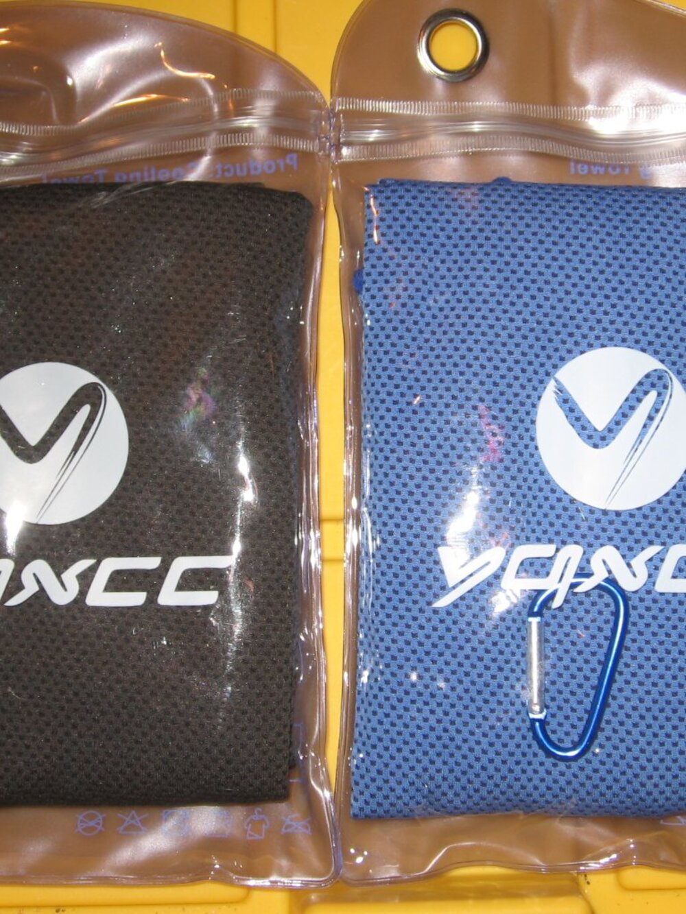 Lot of 2 Cooling Towels Blue & Black w/ Carry Pouches and Carabiners New in Wrap